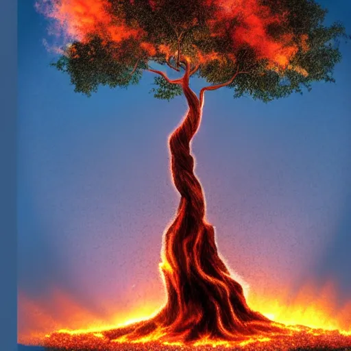 Prompt: a tree on fire with jesus standing infront of it, highly detailed,