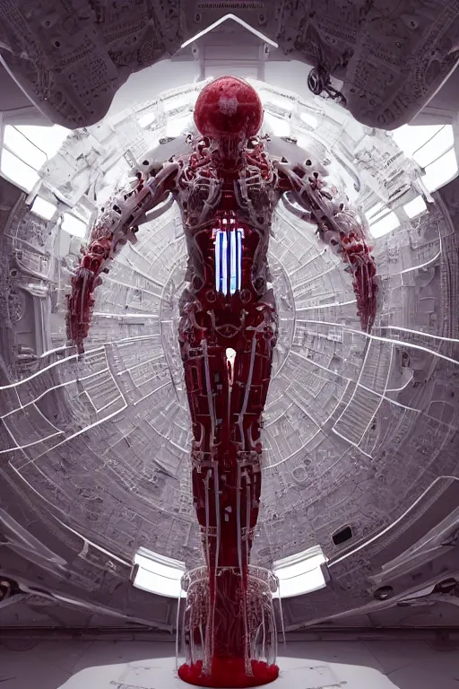 Image similar to white space station interior, white cross on background, a statue jesus on cross made of red marble, perfect symmetrical body, full body shot, inflateble shapes, wires, tubes, veins, jellyfish, white biomechanical details, wearing epic bionic cyborg implants, masterpiece, intricate, biopunk, vogue, highly detailed, artstation, concept art, cyberpunk, octane render