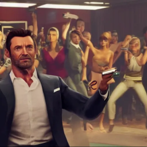 Image similar to action shot of hugh jackman in GTA V at the dance club taking selfies with friends and a pile of cash in the background, 8K, highly detailed, photo realistic
