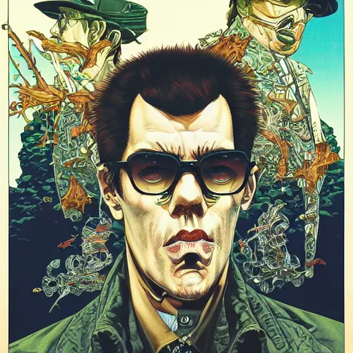 Image similar to portrait of hunter thompson, symmetrical, by yoichi hatakenaka, masamune shirow, josan gonzales and dan mumford, ayami kojima, takato yamamoto, barclay shaw, karol bak, yukito kishiro