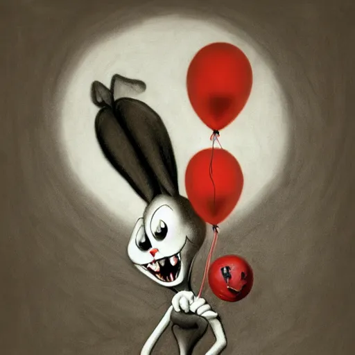 Prompt: charcoal drawing of bugs bunny with a wide smile and a red balloon by Zdzisław Beksiński, loony toons style, pennywise style, corpse bride style, creepy lighting, horror theme, detailed, elegant, intricate, conceptual,