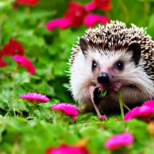 Prompt: hedgehog smelling flowers