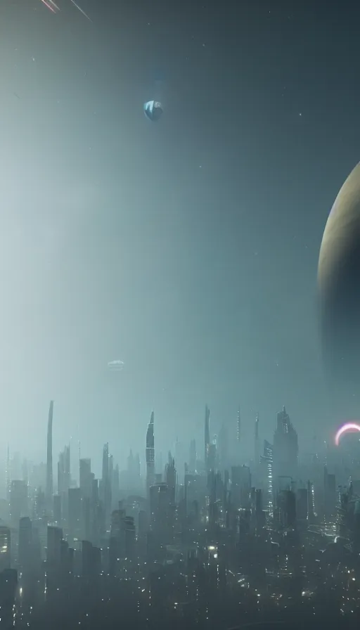 Image similar to an otherworldly futuristic Blade Runner cityscape with the planet Saturn in the background, ultra realistic, 8K