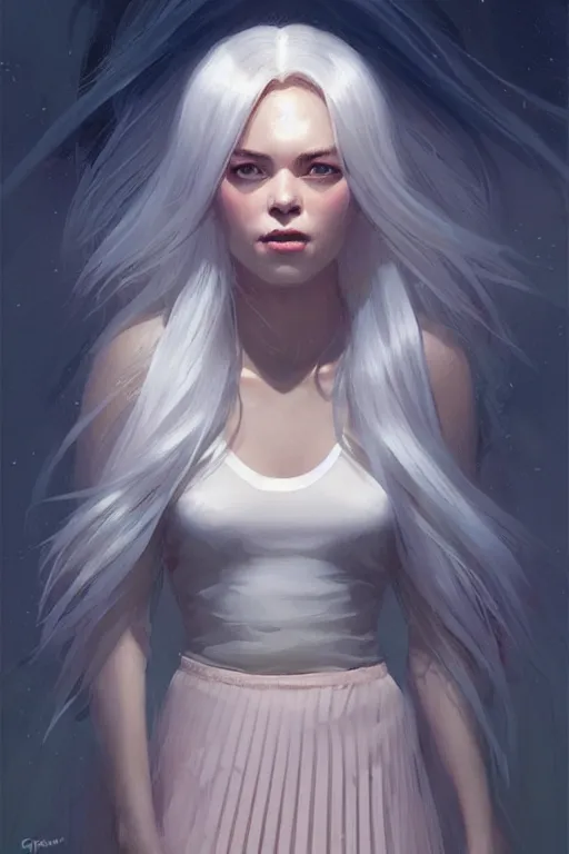 Prompt: dynamic lighting by greg rutkowski, portrait female holding crystal white hair, blush, pleated skirt, flowing hair, slim face, elegant, terry moore, barclay shaw, karol bak, greg rutkowski