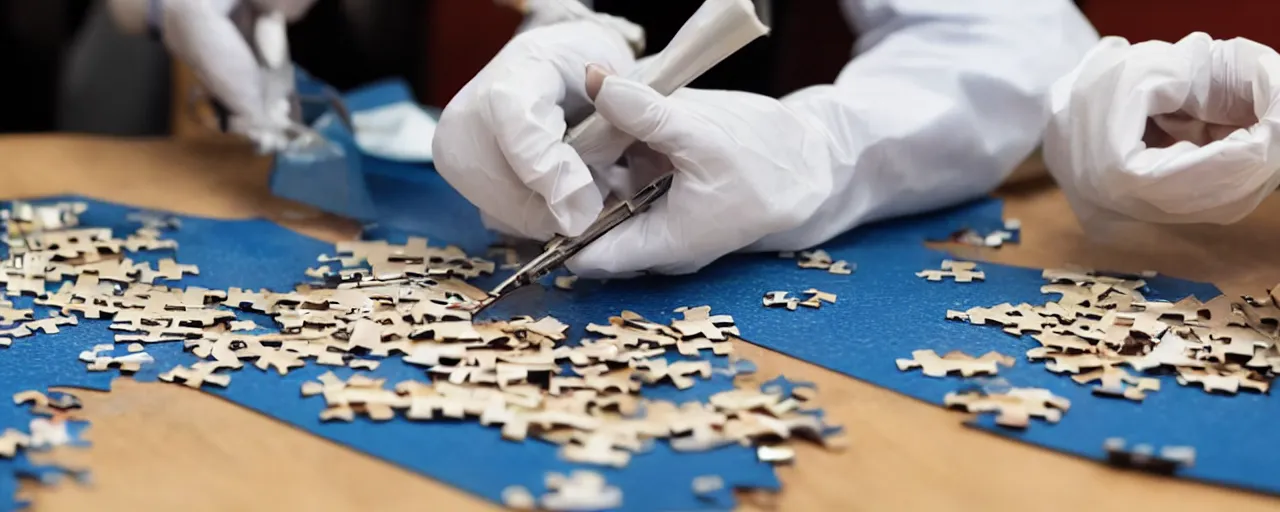 Image similar to a surgeon using a scalpel on a jigsaw puzzle on a table