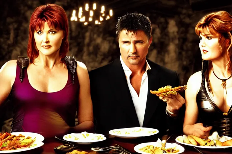 Image similar to lucy lawless, as xena warrior princes, s eating at a restaurant, with a handsome cuban man wearing a suit, digital art