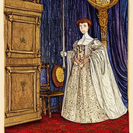 Image similar to werewolf royalty standing in a throne room, dressed in a 1800\'s royal outfit, traditional art, very fine detail and texture, royal workshop, in the art style of beatrix potter, Willem Wissing, watercolor, colored pencil, ink, oil, acryllic