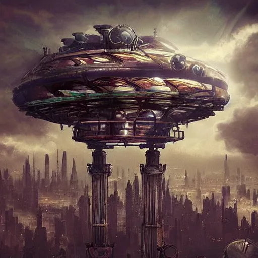 Prompt: flying city in a steel lotus, sky, steampunk!!!, fantasy art, steampunk, masterpiece, octane