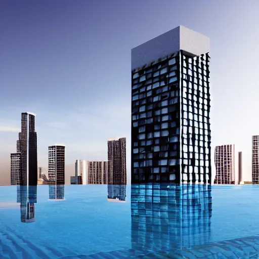 Prompt: the skyscraper made of 3 d shape grammar, concrete, glass, pool