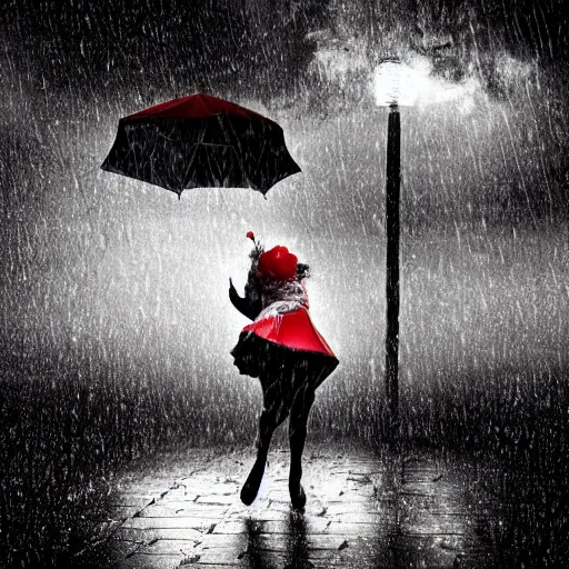 Prompt: photo of full body of a crying clown under the rain with a broken umbrella, black and white red color splash, dramatic lightning, melancholic