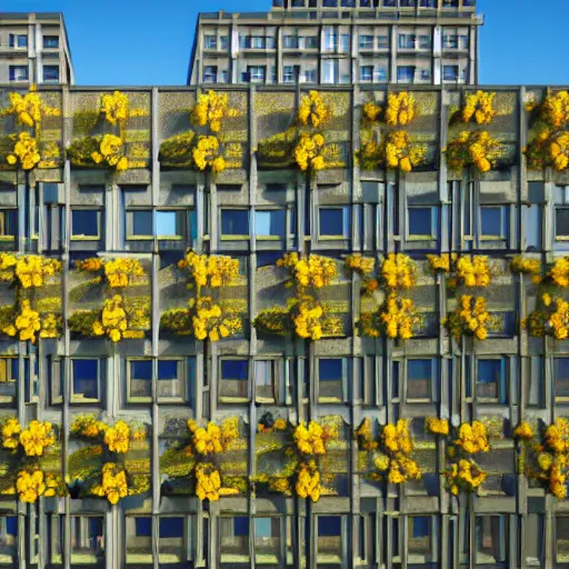 Prompt: multistory building, full of yellow flowers flowers, glass openings, housing architecture, classical architecture, brutalist architecture, blue hour, archviz, cgi, trending on artstation, architecture visualization, corona renderer, unreal engine, ray tracing, cinematic