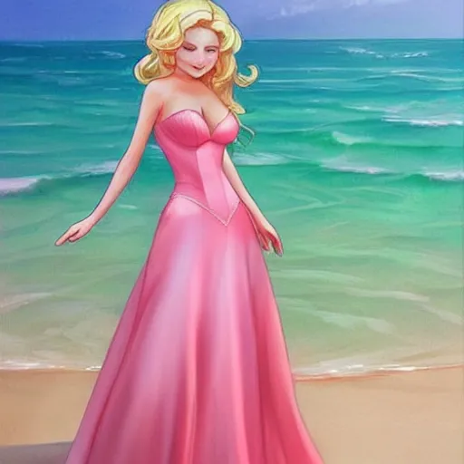 Image similar to beautiful princess peach in a skintight pink satin prom dress on the beach drawn by charlie bowater