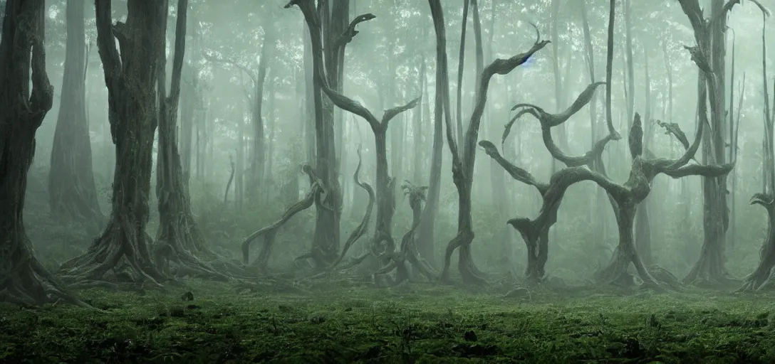 Prompt: a complex organic fractal 3 d metallic symbiotic ceramic humanoid megastructure eldritch horror creature in a swampy lush forest, foggy, cinematic shot, photo still from movie by denis villeneuve