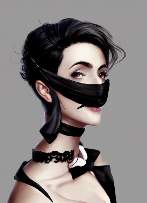Prompt: a highly detailed illustration of beautiful short black messy haired woman wearing black eyepatch on one eye and noir style suit and tie, dramatic smiling pose, intricate, elegant, highly detailed, centered, digital painting, artstation, concept art, smooth, sharp focus, league of legends concept art, WLOP