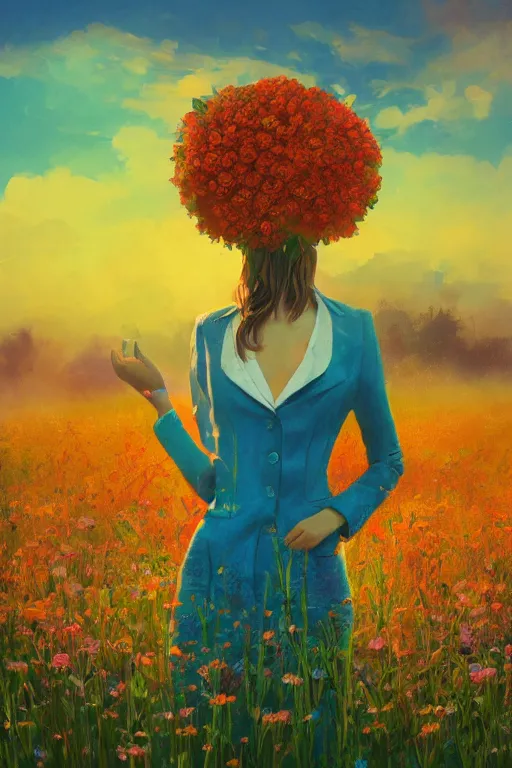 Image similar to closeup, giant flower head, girl in suit standing in a field of flowers, surreal photography, sunrise, blue sky, dramatic light, impressionist painting, digital painting, artstation, simon stalenhag