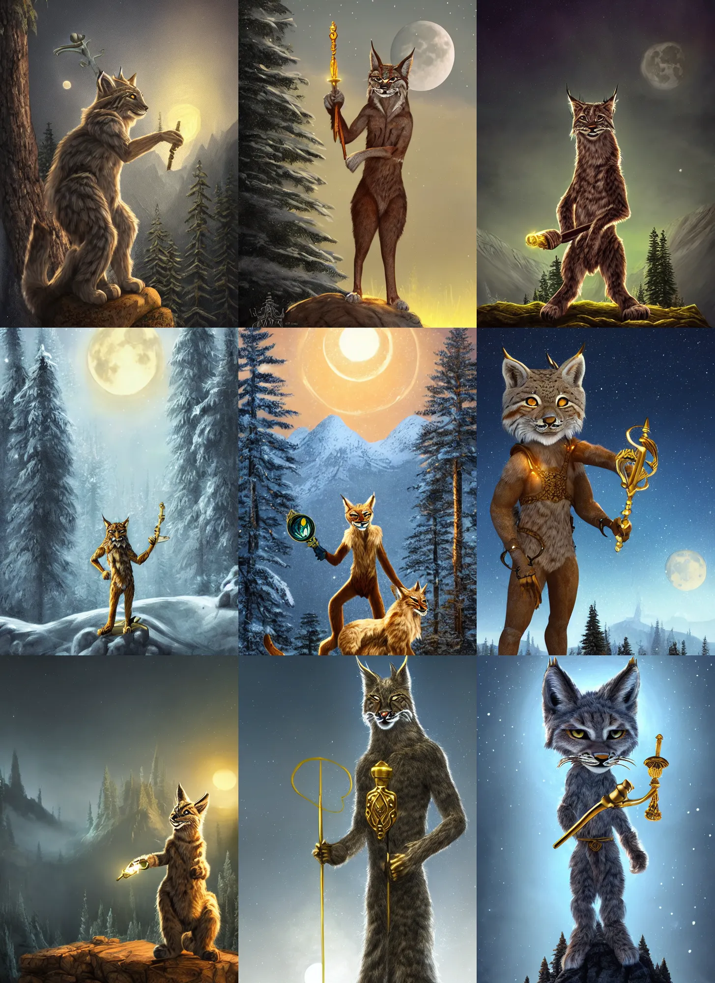 Image similar to anthropomorphic lynx holding a golden shiny scepter, night, spruce trees on the sides, mountains in the background, eerie dark atmosphere, moonlit, back light, fantasy movie, fantasy art, fantasy matte painting, trending on artstation