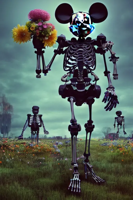 Prompt: a skeletal, mickey mouse made out of flowers and bones, walking with a robot, in the cyberpunk countryside, drones flying by beeple, nychos and arcimboldo, cinematic lighting, hypersurrealism by charlie immer, highly detailed octane render