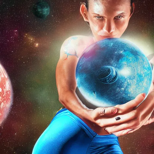 Image similar to female yoga instructor holding planet in space, trending on art station, 8 k