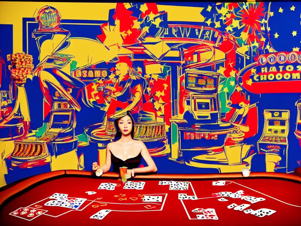 Image similar to hyper - realistic composition of a room in a casino with an extremely detailed poker table, croupier standing nearby fireworks in the background, pop art style, jackie tsai style, andy warhol style, acrylic on canvas