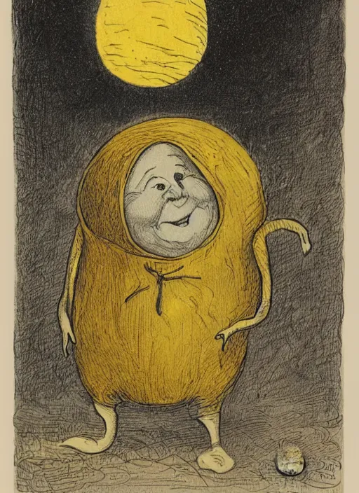 Image similar to candid portrait of a yellow happy moon with a face, illustrated by peggy fortnum and beatrix potter and sir john tenniel