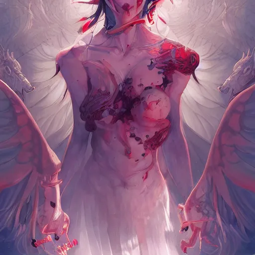 Prompt: god hugs satan anno sakimichan stanley artgerm lau rossdraws james jean marc simonetti elegant highly detailed digital painting artstation