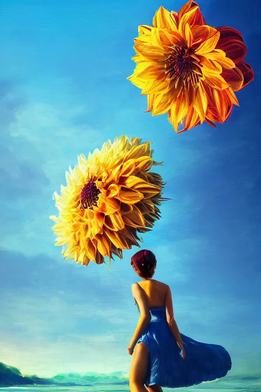 Image similar to closeup giant dahlia flower head, girl on beach, surreal photography, blue sky, sunrise, dramatic light, impressionist painting, digital painting, artstation, simon stalenhag