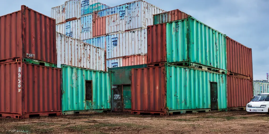 Image similar to an abandoned city hall with the door being covered by some maersk shipping containers