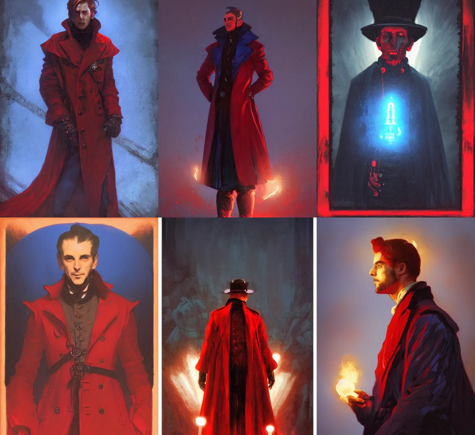 Prompt: a medium shot of a male necromancer wearing a red victorian era coat, backlighting, blue hour, lit from below with red lighting, high contrast, highly detailed, sharp focus, digital painting, concept art, illustration, trending on artstation, art by greg rutkowski + greg hildebrandt + alphonse mucha