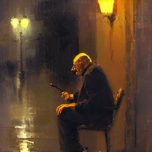 Image similar to lonely old man smoking a cigar, rainy night, painting by jeremy mann