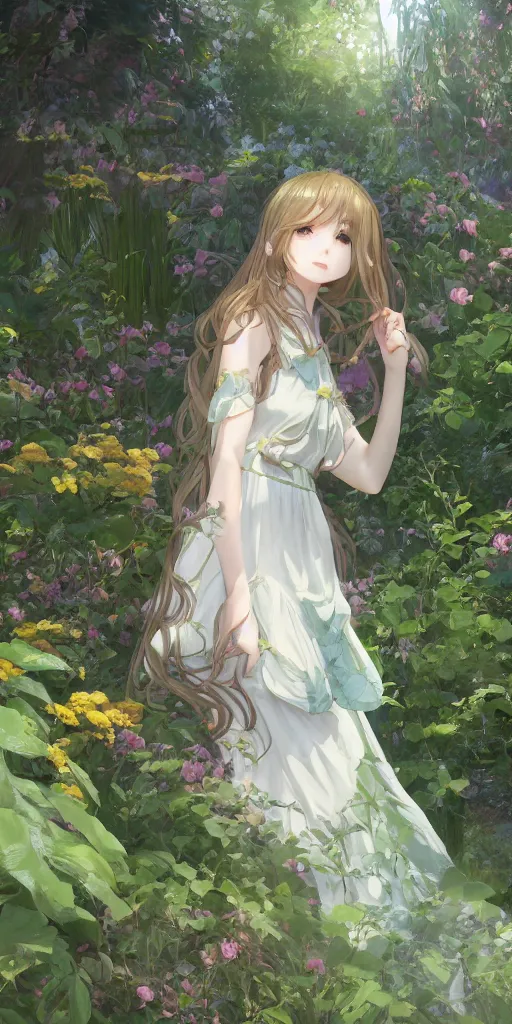 Image similar to a digital art full of atmosphere of a loli with long hair in a dress in the privet garden at after noon, green and warm theme, low angle, back lighting, highly detailed, 4 k resolution, trending on art station, by krenz cushart and mucha and akihito yoshida and greg rutkowski and makoto shinkai