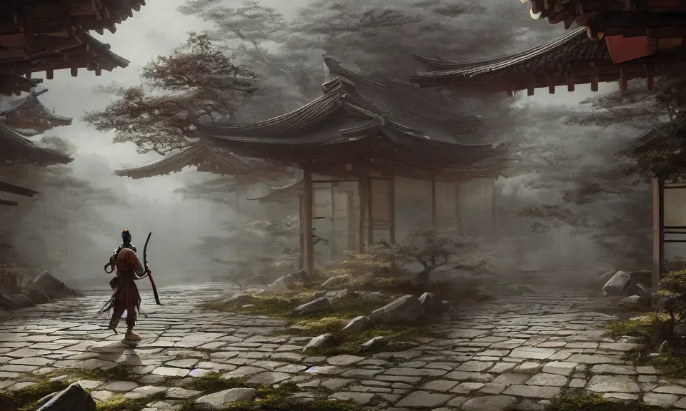 Prompt: Futuristic matte painting of a samurai warrior walking through an abandoned japanese village, volumetric light scattering, highly detailed, digital art, Andreas Rocha, Greg Rutkowski, Darek Zabrocki, ArtStation, CGSociety, Unreal Engine, 4K, 8K