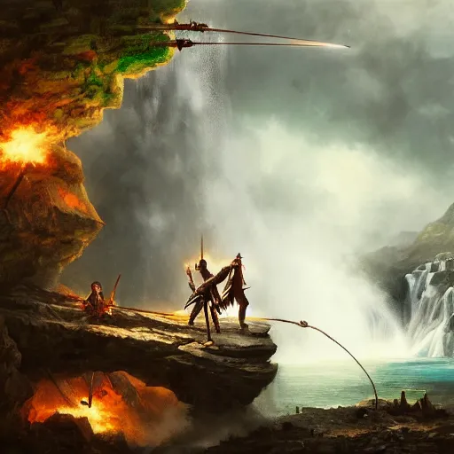 Prompt: two pirates having an intense sword fight in a rope bridge in front of a large waterfall, digital art, cinematic, vivid colors, elegant, sword duel, beautiful, epic, greg rutkowski, trending on art station