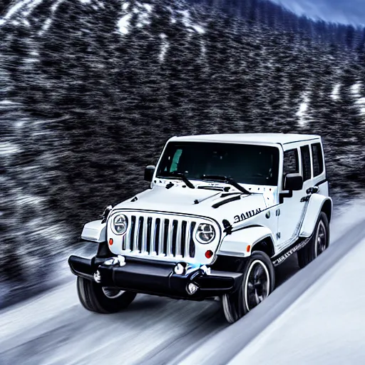 Image similar to white jeep wrangler driving up a steep snowy mountain cornice, high quality digital art, dramatic lighting, cinematic, photo realism