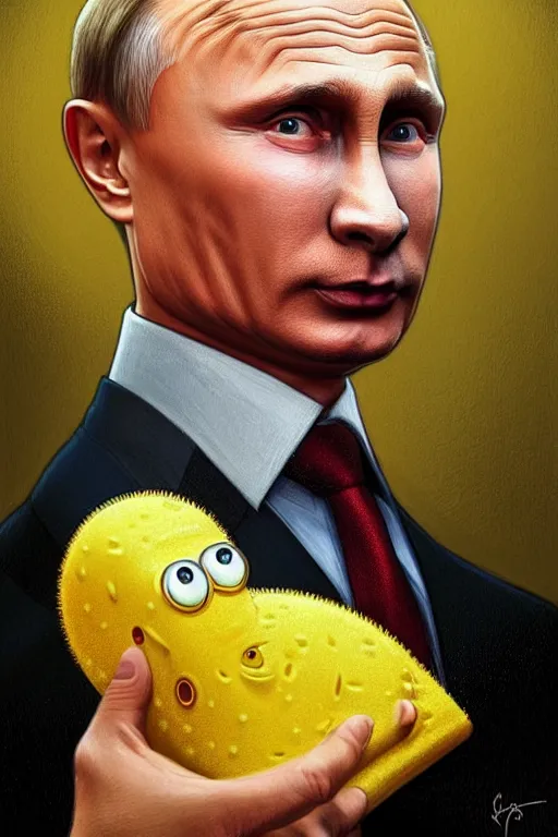 Prompt: vladimir putin as a sponge bob, realistic portrait, symmetrical, highly detailed, digital painting, artstation, concept art, smooth, sharp focus, illustration, cinematic lighting, art by artgerm and greg rutkowski and alphonse mucha