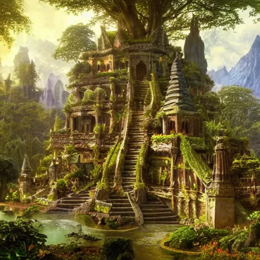 Image similar to a beautiful and highly detailed matte painting of an elven temple in a magical fantasy garden in a lush forest, intricate details, epic scale, insanely complex, 8 k, sharp focus, hyperrealism, very realistic, by caspar friedrich, albert bierstadt, james gurney, brian froud,
