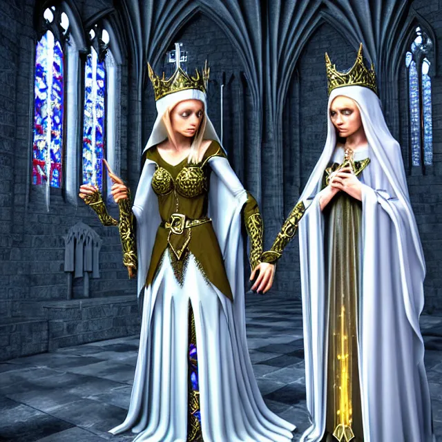 Image similar to an elf queen and ice queen in a gothic church, highly detailed, 4 k, hdr, smooth, sharp focus, high resolution, award - winning photo, close up, illustrated by anne stokes, photorealistic