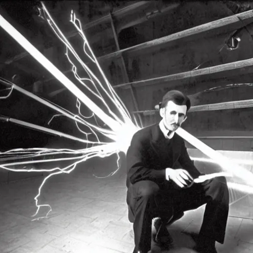 Image similar to nikola tesla sitting under a tesla coil, 1960s photography.