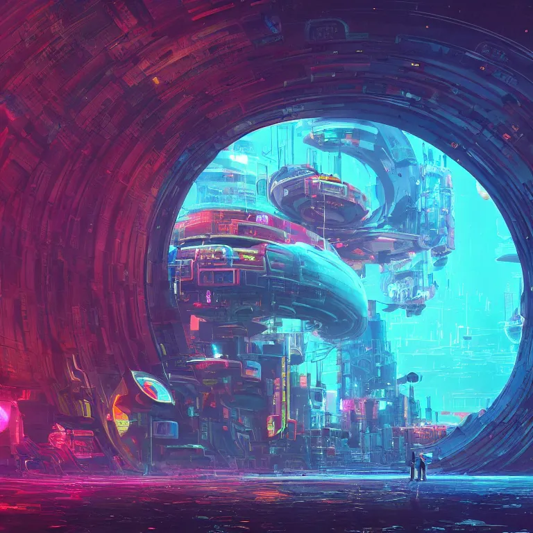 Image similar to a circle portal structure floating in outer - space, cyberpunk, epic surrealism, indigo, bright red, purple, cyan, lime green, detailed digital matte painting in the style of simon stalenhag and painting by ralph mcquarrie