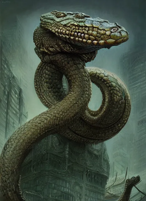 Image similar to robo - serpent downtown london mf doom reptile eyes, wild skin. intricate, elegant, highly detailed, centered, digital painting, artstation, concept art, smooth, sharp focus, illustration, artgerm, tomasz alen kopera, peter mohrbacher, donato giancola, joseph christian leyendecker, wlop, frank frazetta