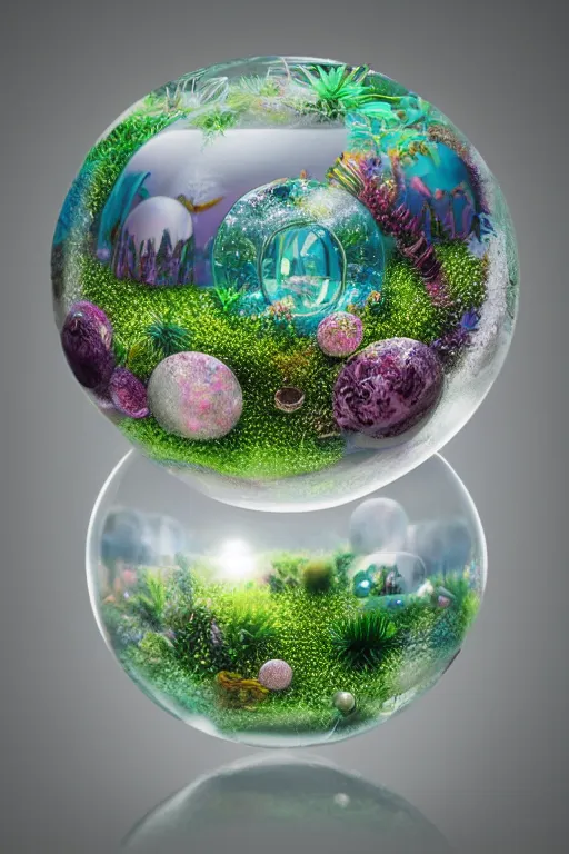 Prompt: realistic glass orbs containing miniature ecosystems, highly detailed, pastel spring colors, studio lighting, 4k, UV