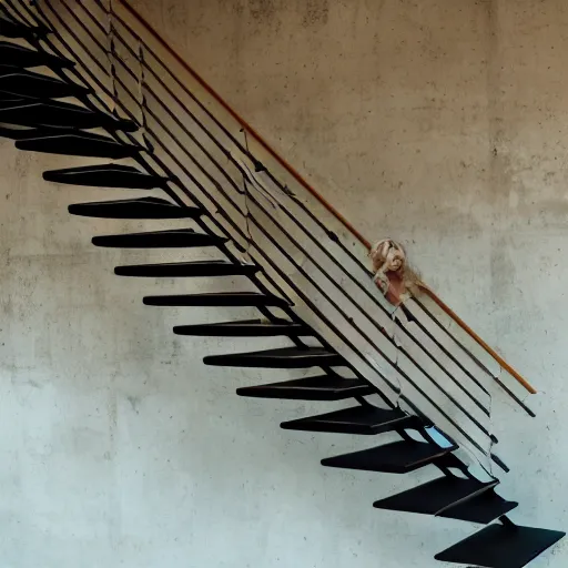 Image similar to mono stringer floating stair, photo shoot 8k