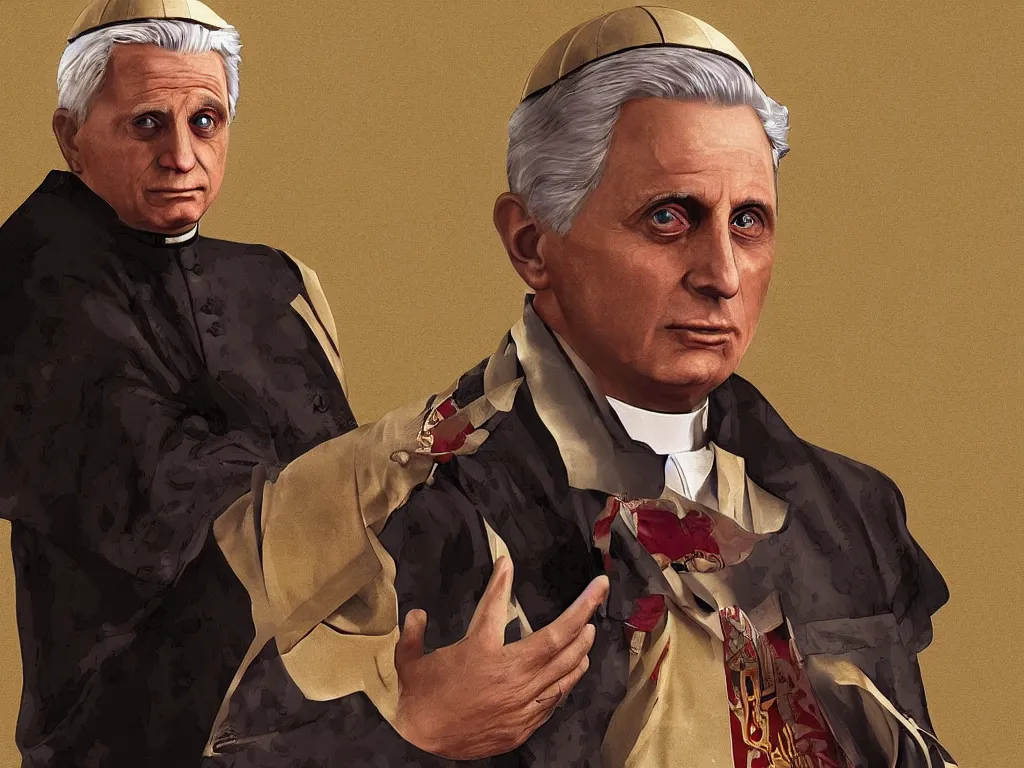 Prompt: pope benedict XVI digital art as the loading screen of GTA V, grand theft auto, golden hour lighting, graphic art,