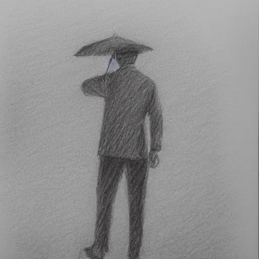 Image similar to a drawn man standing in the rain. pencil sketch.