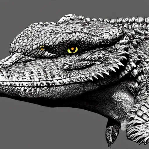 Image similar to Fur covered crocodile with a wolve's head, concept art, photoshop artwork, highly detailed