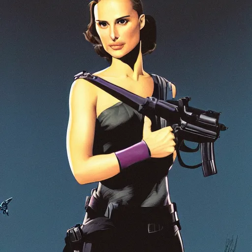 Prompt: Natalie Portman as a Bond girl, artstation, Joe Jusko, digital art