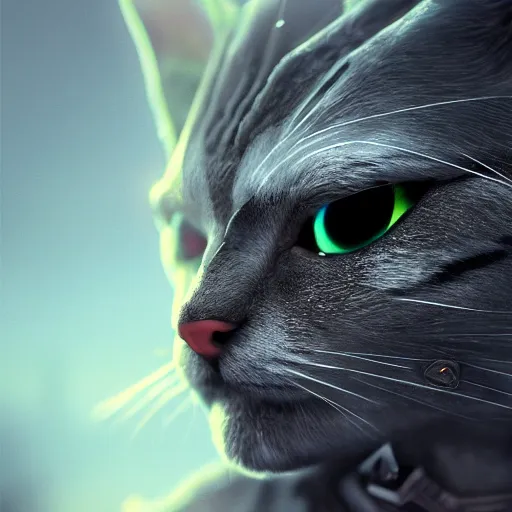 Image similar to , fantasy, hyper detailed, futuristic, technoclose up of a cat wearing iron head armor, very detailed, cinematic atmosphere, arnold render, trending on artstation, cgsociety