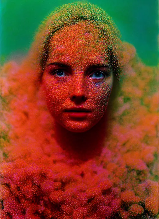 Image similar to realistic photo of a blurred face of a girl, covered in shriveling dead semi - translucent iridescent coral reef, emitting aura, 1 9 6 0, life magazine photo, natural colors, metropolitan museum, kodak, 8 k, very detailed, high resolution, product photo,