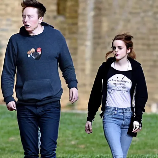 Prompt: emma watson and elon musk as a teenagers with hoodies holdings hands at the park