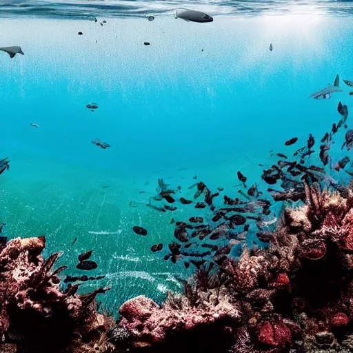 Image similar to hyperrealistic underwater photography, panoramic picture of an ocean floor with in the distance are some hammerhead sharks. focus on the sharks. the sharks are anatomically correct and highly detailed. lots of bubbles. seaweed and some rocks. gloomy scattered light entering from the water surface, trending on artstation, hq, 8 k