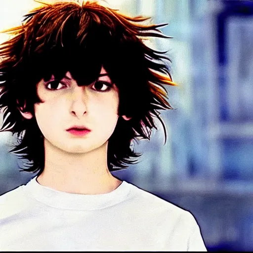 Prompt: a screenshot of finn wolfhard as l in death note ( the anime ) ( 2 0 0 6 ), anime, vhs quality